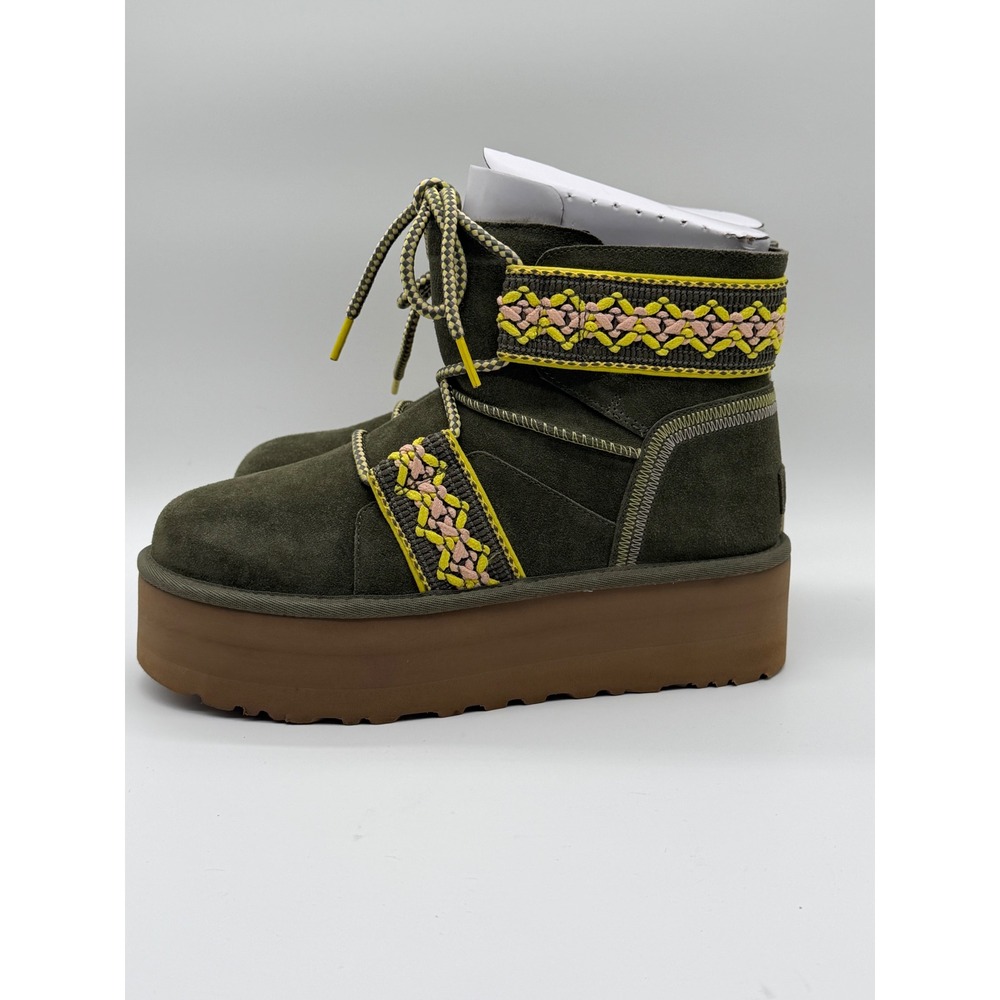 UGG Classic Mini Heritage Braid Platform Boots Burnt Olive Suede Green Womens 9‎